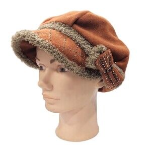 NWOT stunnibg New Women’s fleece bow tie warm winter hat, beaded orange brown